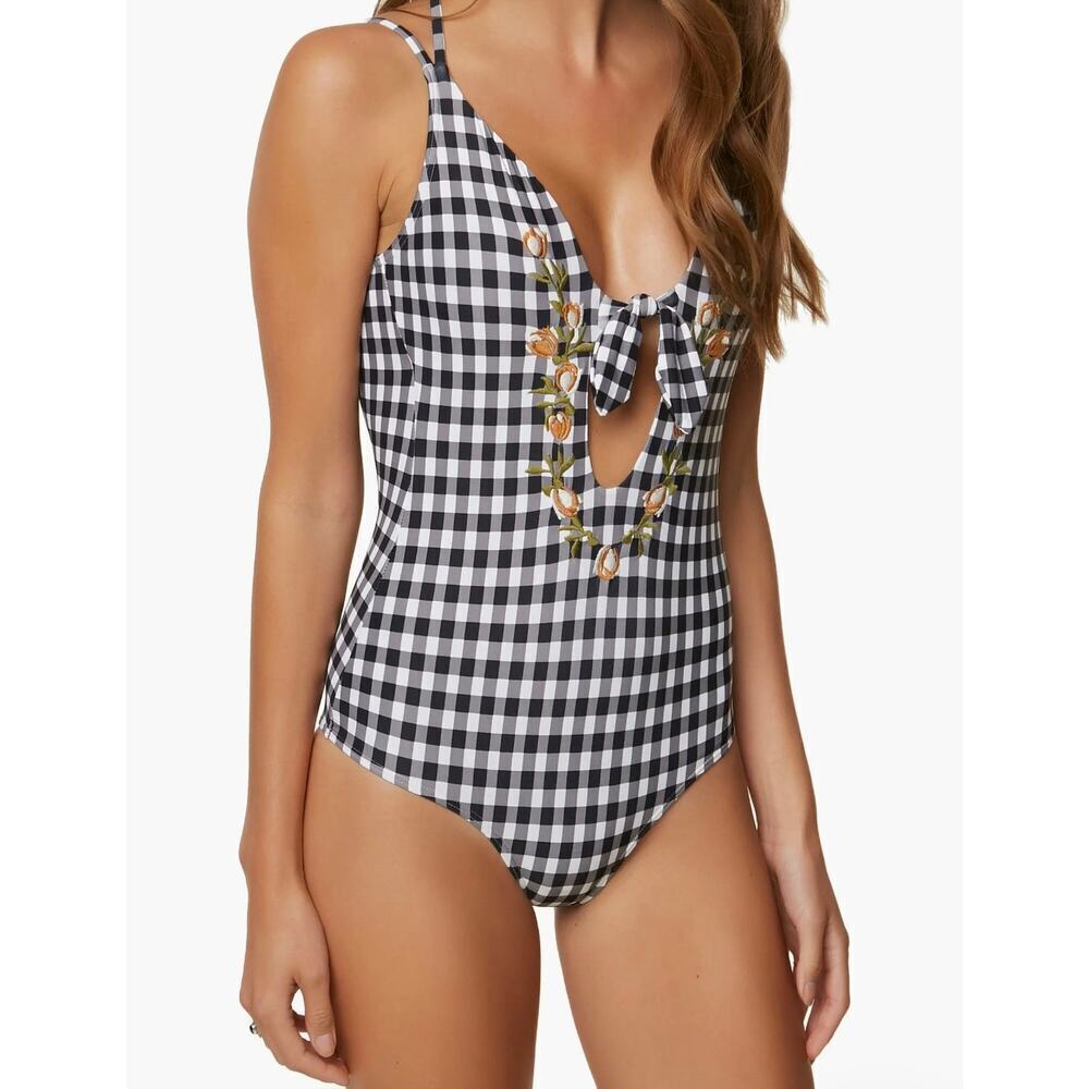 NWT O'Neill Poppy Plunge One Piece Swimsuit Black Gingham Floral XL $90